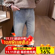 寬葉竹女童寶寶加絨牛仔褲子秋冬裝小童女孩洋氣加厚外穿牛仔喇叭褲 腳口繡桃心加絨褲 110 cm