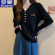 羅蒙（ROMON）秋冬大碼新款長(cháng)袖正肩打底衫時(shí)尚V領(lǐng)針織上衣女高級感洋氣修身T恤 黑色  S 建議80-95斤穿