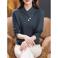 花花公子（PLAYBOY）設計感交叉領加厚毛衣女2025新款秋冬時尚內(nèi)搭針織針織打底衫上衣 墨綠色 S