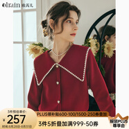 Olrain歐芮兒大翻領(lǐng)毛衣女春裝新款復古泡泡袖上衣 紅色 S