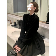 山頭林村韓版設計感千金圓領(lǐng)拼接針織毛衣外套假兩件上衣蓬蓬裙學(xué)生套裝女 【不加絨】黑色外套+黑裙子 S