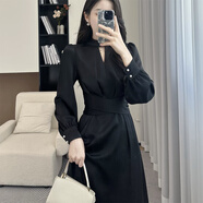 拉夏貝爾（La Chapelle）連衣裙黑色長(zhǎng)袖連衣裙女春秋收腰氣質(zhì)高端精致醋酸緞面粉色長(zhǎng)裙 黑色 L 建議110-120斤