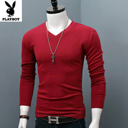 花花公子（PLAYBOY）男士秋冬V領(lǐng)長(cháng)袖T恤保暖純棉秋衣內搭外穿純色修身上衣大碼打底衫 暗紅色 L 120斤左右穿