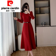 皮爾卡丹（pierre cardin）名媛時(shí)尚氣質(zhì)收腰顯瘦長(zhǎng)袖珍珠連衣裙洋氣紅色晚禮服結(jié)婚訂婚 紅色原版 送腰帶 S
