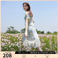 三彩獨醒2025夏季新款荷葉邊印花雪紡裙連衣裙度假風(fēng)長裙F 冰川藍(lán)花卉 M 160/84A
