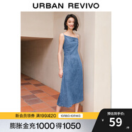 UR夏季新款女裝設計感斜肩領(lǐng)吊帶牛仔連衣裙UWG840190 淺藍 XL