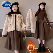 迪士尼女童小香風(fēng)套裝連衣裙裙子冬季新款中大童外套韓版時(shí)髦秋冬兩件套 外套+連衣裙+包包 110 120碼建議身高110cm
