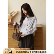 謎秀藍棕條紋不對稱(chēng)襯衫女2025秋寬松慵懶復古長(cháng)袖上衣 藍色  襯衫 S