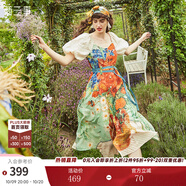 兩三事油畫風(fēng)連衣裙女秋季梵高碎花法式高腰裙子收腰顯瘦眾星捧月 花色-y M