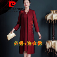 皮爾卡丹（pierre cardin）春秋新款結(jié)婚禮媽媽禮服高貴喜服大碼喜婆婆婚宴裝秋冬兩件套裝 酒紅色外套+裙子 春秋款 遮肚子大碼兩件套 M (90~100斤穿)