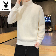 花花公子仿水貂絨高領(lǐng)毛衣男冬季加絨加厚款純色毛絨打底衫男士保暖毛線(xiàn)衣 白色 XL