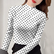 春秋衣服女裝半高領(lǐng)顯瘦長(cháng)袖T恤寬松洋氣時(shí)尚百搭印花打底衫上衣 白底黑波點(diǎn)【半高領(lǐng)長(cháng)袖】 3XL 建議135斤-145斤