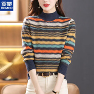羅蒙（ROMON）2025新款針織衫女士秋冬加厚上衣撞色橫條紋毛衣大碼內(nèi)搭打底衫衫 紫藍(lán)色 S 【80-90斤】