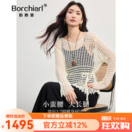 伯西亞品牌波西米亞套裝女秋季2025新款度假風(fēng)鏤空罩衫吊帶連衣裙兩件套 奶油杏 (配腰繩) M