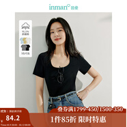 茵曼（INMAN）撞色羅紋棉女裝U領(lǐng)短袖T恤修身氣質(zhì)通勤2025夏季新款短款上衣 黑色 -18518134 S