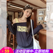 歐貝汐美式辣妹斜肩漏鎖骨字母印花寬松長(cháng)袖T恤女2025秋季上衣3432#藏藍S