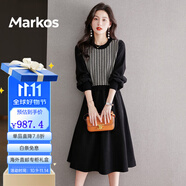 Markos國際品牌秋冬連衣裙2025新款女長(cháng)袖中長(cháng)款針織拼接假兩件套毛衣裙 黑色 M