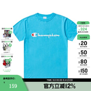 Champion夏季經(jīng)典款印花草寫(xiě)LOGO圓領(lǐng)休閑運動(dòng)T恤無(wú)性別冠軍短袖男女情侶 湖藍色 M
