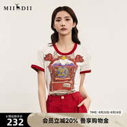 謎底圓領(lǐng)印花T恤女夏季新品復古特色撞色修身上衣242MT0585 淺卡其 S