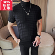 PLAYYOUNG國(guó)際品牌男裝春秋季菱格短袖半高領(lǐng)T恤韓版修身男士薄款打底衫青 黑色 M