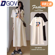 DGOV慵懶風短袖連衣裙女2025新款夏裝棉質中長款過膝t恤裙夏季長裙子 杏色藍帽女孩 M 建議80-100斤