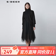 S.DEER圣迪奧女裝秋冬高領(lǐng)斜襟網(wǎng)紗拼接針織氣質(zhì)連衣裙S221Z1234 黑色/91 L 170