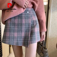 皮爾卡丹（pierre cardin）高腰不規(guī)則紅色格紋裙半身裙女秋冬美式復(fù)古A字短裙子毛呢裙褲 灰粉格 XS 70-85斤