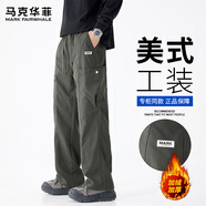 馬克華菲休閑褲男士秋冬工裝闊腿褲美式直筒秋季長(cháng)褲子 軍綠色加絨 XL