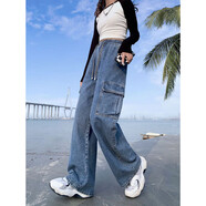 俞兆林（YUZHAOLIN）2025秋冬胖mm工裝牛仔長(cháng)褲女直筒闊腿寬松高腰拖地顯瘦學(xué)生加肥 【1520：藍色 工裝 牛仔長(cháng)褲】 L 【 建議101-110斤】