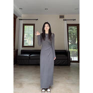 郭九九呢 甜辣風(fēng)抽褶收腰雙面絨感修身打底秋冬連衣裙 G923Q05526 高個(gè)子版-深灰色130CM 均碼 S(九九碼建議80-100斤左右)