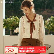 Olrain歐芮兒奶杏色毛衣女初秋新款寬松復古系帶軟糯風(fēng)套頭衫 奶杏色 M