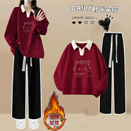 MZPLOI秋冬裝搭配一整套少女衣服時(shí)尚休閑褲長(cháng)袖衛衣初高中學(xué)生兩件套裝 兩件套加絨純酒紅色polo衫+黑色 XL 【建議120-135斤】