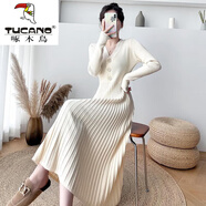 啄木鳥(niǎo)羊·毛絨連衣裙2025新款秋冬收腰打底長(cháng)袖中長(cháng)款毛衣裙過(guò)膝抖音女 米白色 S 85-95斤