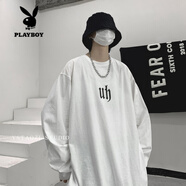 花花公子（PLAYBOY）長袖t恤男士春秋季新款寬松加肥加大碼潮牌ins胖子打底衫上衣服男 C373白色 S