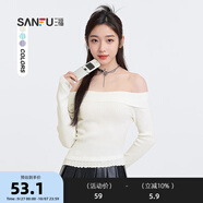 三福毛衣2025秋季蕾絲斜下擺一字肩優(yōu)雅上衣女裝496694 米白色 M