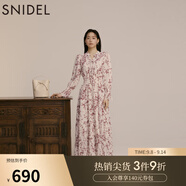 SNIDEL秋冬甜美碎花系帶收腰百褶雪紡連衣裙SWFO245033 粉米色 M （1）