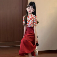美拉酷女童雪紡襯衫連衣裙夏秋季2025新款女孩高級棉布裙兩件套裝母子裝 紅色 梅花套裝 長(cháng)裙 130  120-125厘米50-60斤