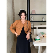 南啵丸胖mm仿麂皮短款外套吊帶裙秋冬大碼小香風(fēng)顯瘦遮肉套裝裙子 單件咖色外套【網(wǎng)紅炸街_甜美初 L 【0-120斤】