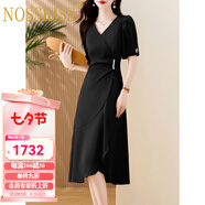 NOSSKISS奢侈高檔品牌短袖連衣裙女2025年夏季新款收腰氣質(zhì)顯瘦高級(jí)雪紡裙 黑色 L 【建議105-115斤】