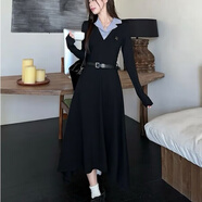 俞兆林法式赫本風(fēng)氣質(zhì)黑色長(cháng)袖襯衫連衣裙女秋冬大碼胖mm收腰顯瘦長(cháng)裙子 黑色（休閑風(fēng)） 3XL 【建議體重160-180斤】