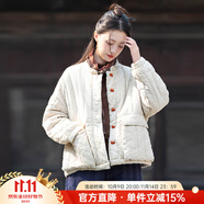 娟的絹冬季女士文藝復古拼色盤扣寬松棉襖純色立領(lǐng)短款夾棉加厚棉衣 麻色 均碼