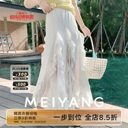 美洋（MEIYANG）清風(fēng)醋酸半裙 亂麻縐醋酸層疊荷葉蕾絲邊長(zhǎng)裙 白色 M