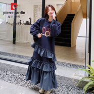 皮爾卡丹藏青色木耳邊印花連衣裙女中長(cháng)款2025秋法式設計感可鹽可甜衛衣裙 藏青色 【優(yōu)質(zhì)版】 M （105-115斤）