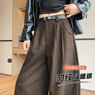 妹丫棕色毛呢褲子女士款闊腿褲女2025新款秋冬款豹紋加厚拖地長(cháng)褲子 豹紋（常規） M