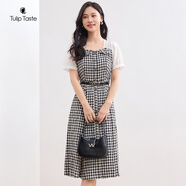 郁香菲格子拼接連衣裙女氣質(zhì)優(yōu)雅夏季時(shí)尚方領(lǐng)顯瘦通勤收腰A字裙 黑白格 XS