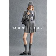 MUNJOUR高智Miu系少女 復古學(xué)院風(fēng)羊絨羊毛撞色菱格百褶針織連衣裙 miu系學(xué)院灰 M 預售15天發(fā)貨