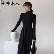 水畔衣人高檔針織連衣裙女春秋法式赫本風(fēng)配大衣內(nèi)搭半高領(lǐng)打底毛衣長(zhǎng)裙子 黑色 M