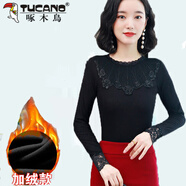 啄木鳥(niǎo)（TUCANO）加絨/薄秋冬加厚長(cháng)袖打底衫女內搭修身T百搭蕾絲內搭圓領(lǐng)保暖上衣 領(lǐng)花款(加絨加厚) M (90-100斤)