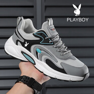 花花公子（PLAYBOY）男鞋夏季新款休閑系帶透氣網(wǎng)面鞋減震輕便跑步運動(dòng)鞋 黑灰色網(wǎng)面2320 40