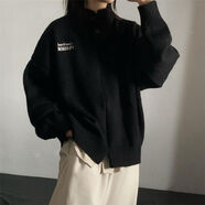 韓版中性風(fēng)立領(lǐng)黑色套頭毛衣學(xué)生秋冬季新款慵懶感加厚保暖針織衫 黑色毛衣 M